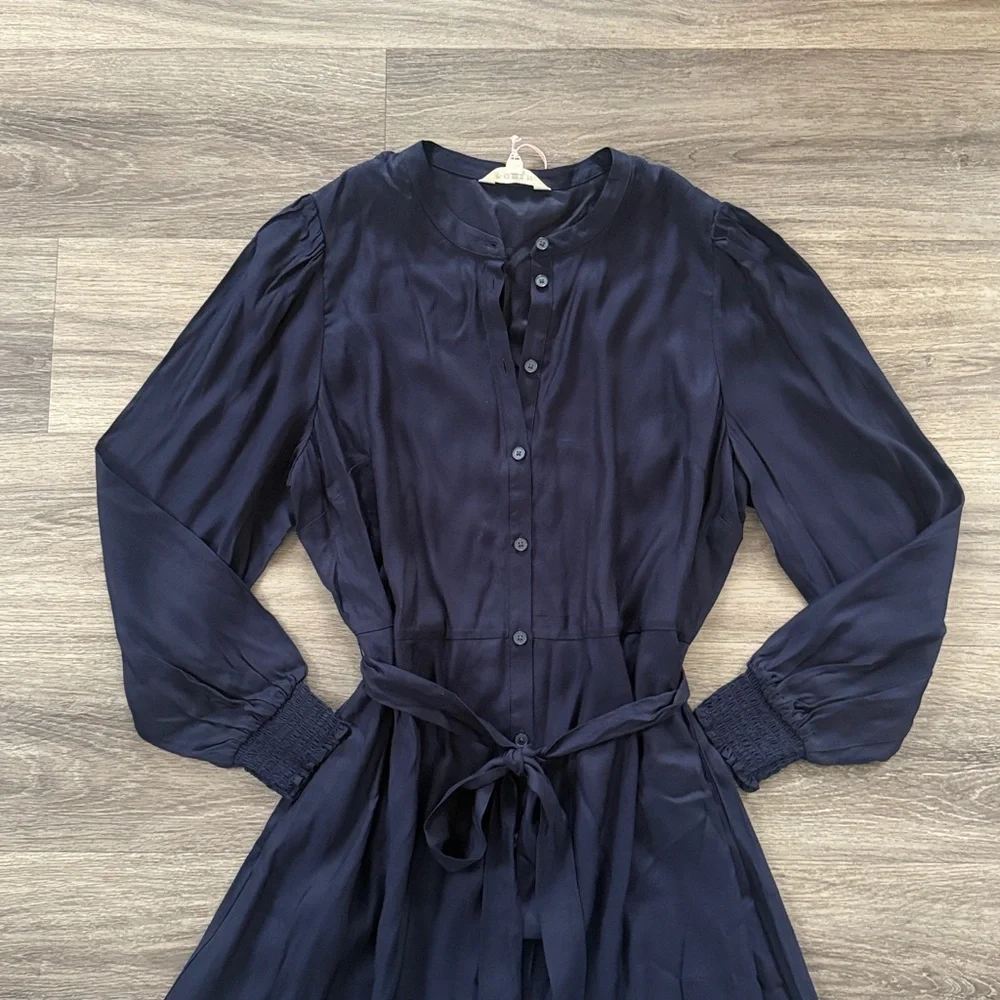 Boden Midnight Blue Button Front Linen Shirt Midi Dress 14R Collarless Classic